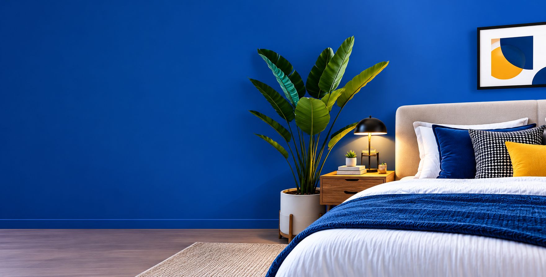 A calm bedroom with a cobalt-blue wall, a tall plant, a warm bedside lamp and a bed dressed in white and navy with mustard cushions