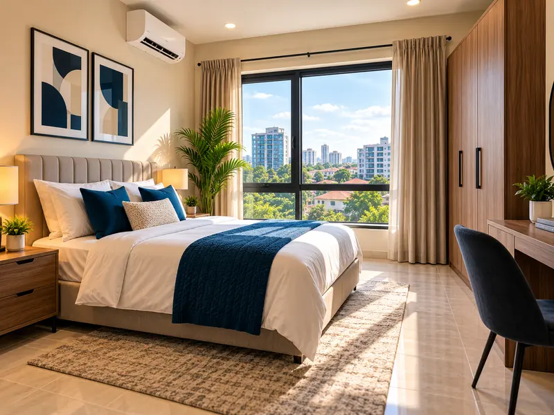 A sunlit furnished bedroom with a double bed, wardrobe, desk and a window looking over the city
