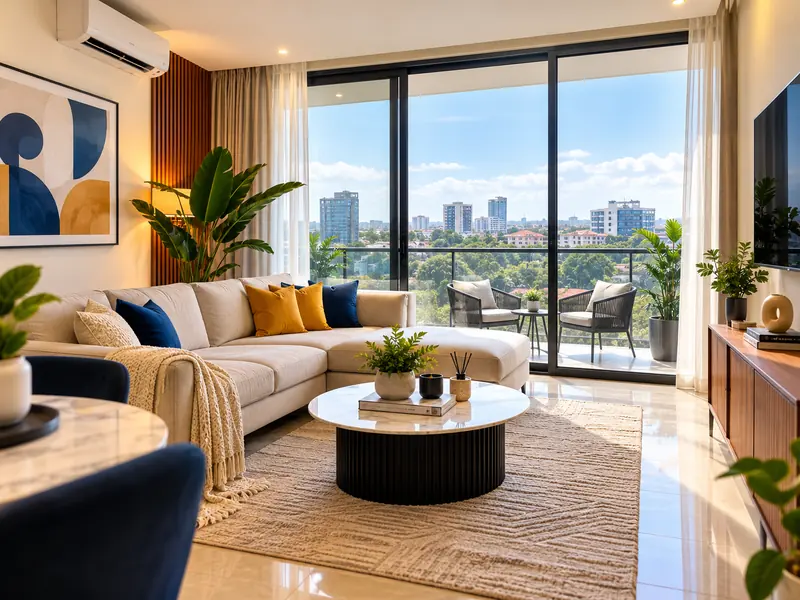 A bright apartment living room with a sofa, rug and floor-to-ceiling windows over a green city skyline