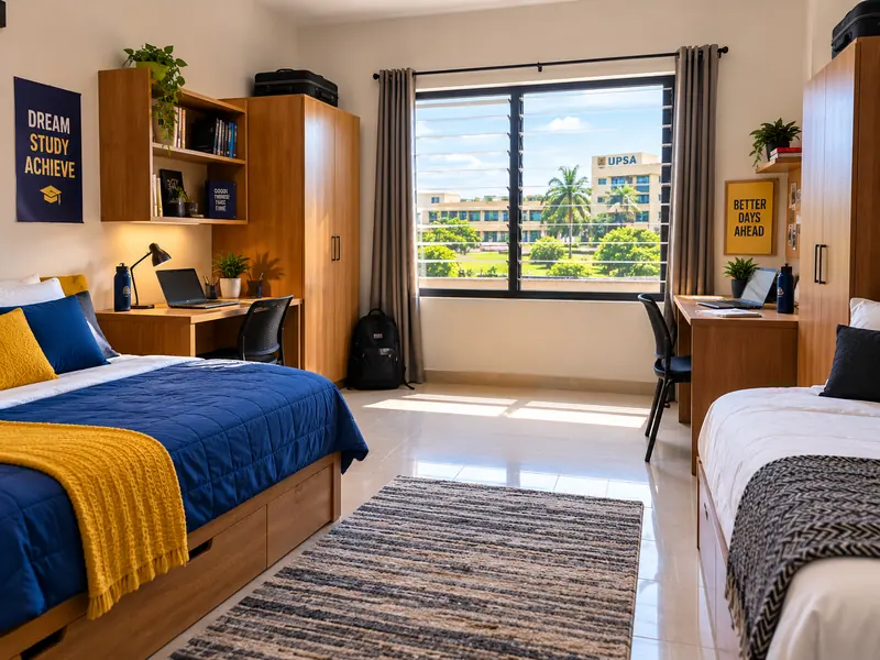 A tidy student room with a bed, study desk, shelves and a window looking out onto a university campus