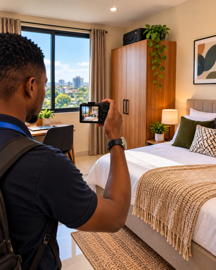 A Roomify team member photographing a bedroom on a phone during a listing check